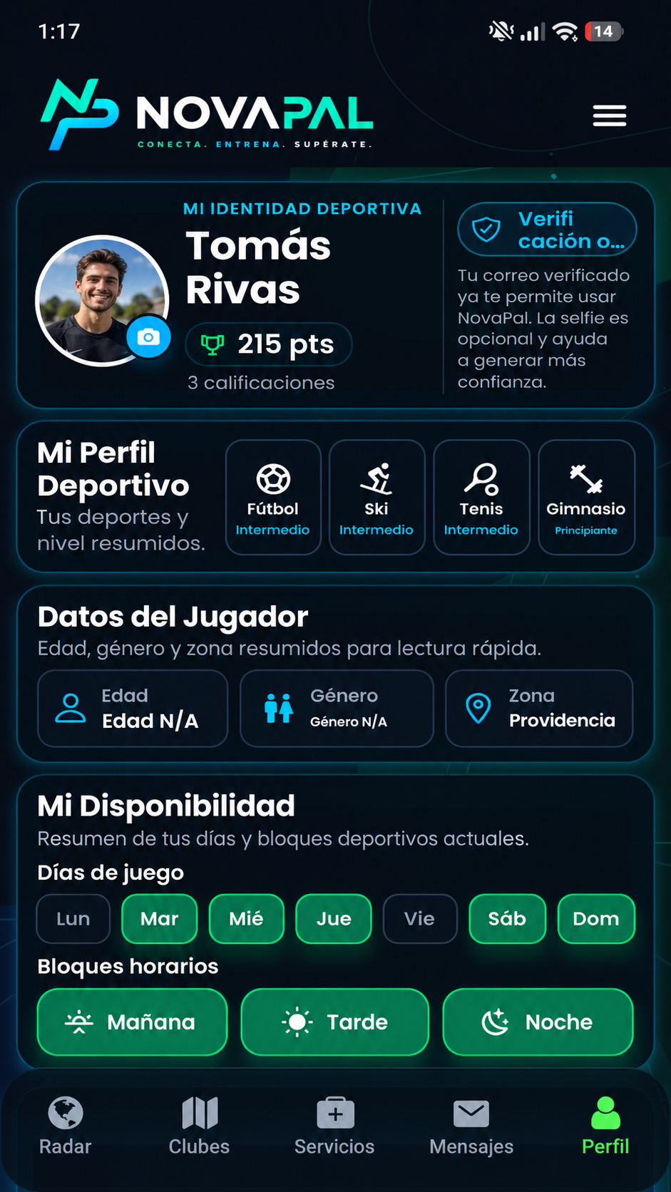 Pantalla real del Perfil deportivo de NovaPal